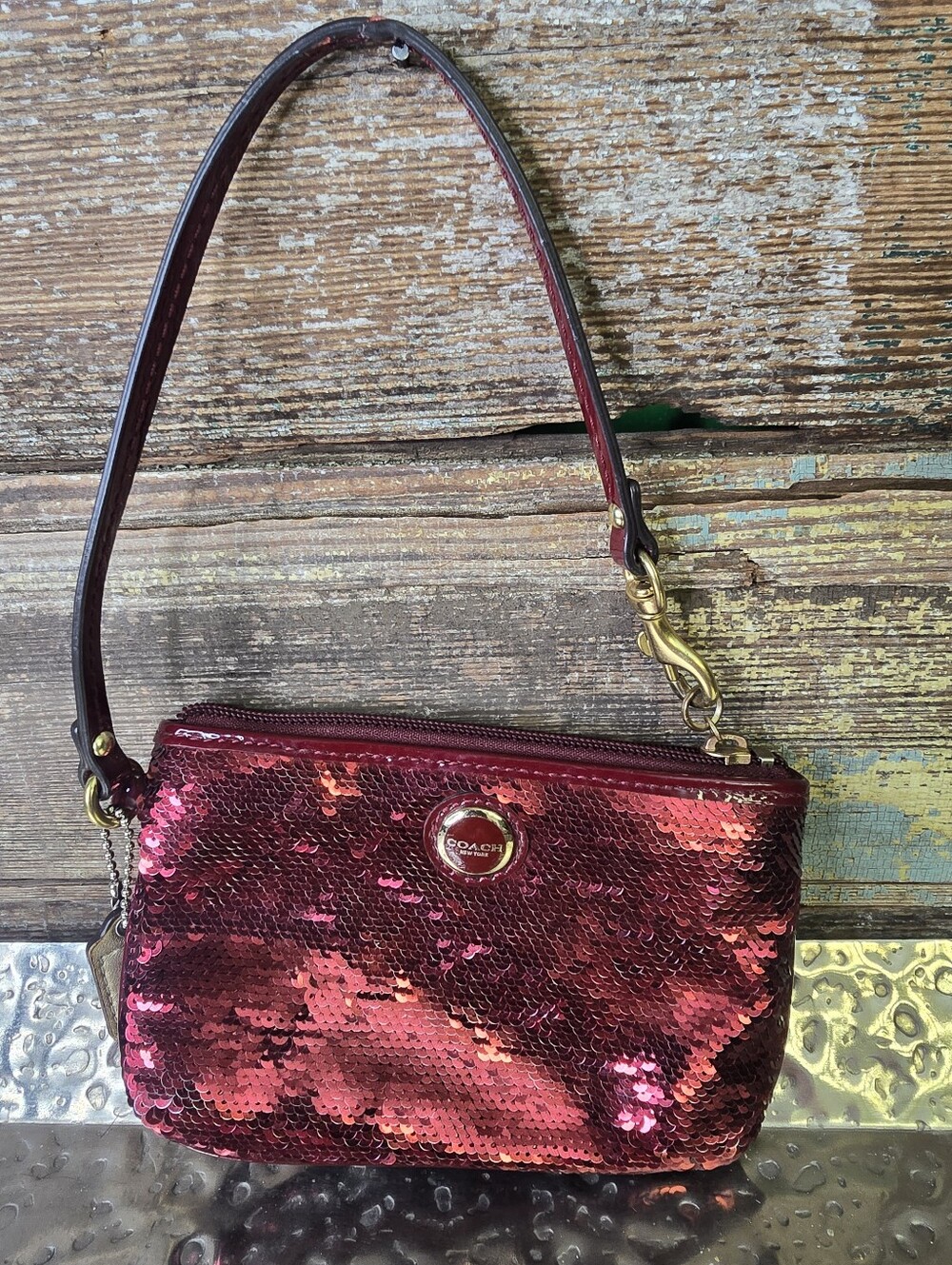Coach Poppy Limited Edition Crimson Sequin Wristlet | Red Patent Leather EUC